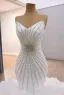 Charming Luxury / Gorgeous White Beading Pearl Rhinestone Cascading Ruffles Wedding Dresses 2025 Trumpet / Mermaid Strapless Sleeveless Backless Royal Train Wedding