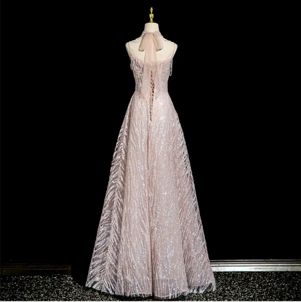 Scintillantes Rougissant Rose Perlage Faux Diamant Paillettes Robe De Bal 2025 Princesse Col Haut Sans Manches Dos Nu Longue Robe De Ceremonie