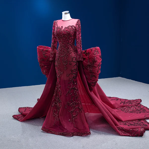Vintage / Retro High-end Burgundy Sequins Evening Dresses 2022 Trumpet / Mermaid Scoop Neck Long Sleeve Bow Royal Train Prom Formal Dresses