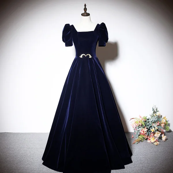 Elegant Navy Blue Suede Evening Dresses 2023 A-Line / Princess Square Neckline Short Sleeve Backless Floor-Length / Long Evening Party Formal Dresses
