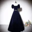 Elegant Navy Blue Suede Evening Dresses 2023 A-Line / Princess Square Neckline Short Sleeve Backless Floor-Length / Long Evening Party Formal Dresses