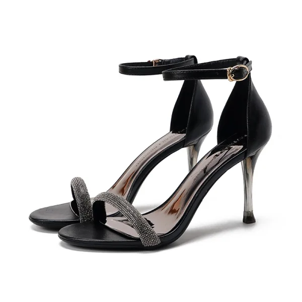 Sexy Champagne Evening Party Rhinestone Womens Sandals 2022 Ankle Strap 8 cm Stiletto Heels High Heels Open / Peep Toe Sandals