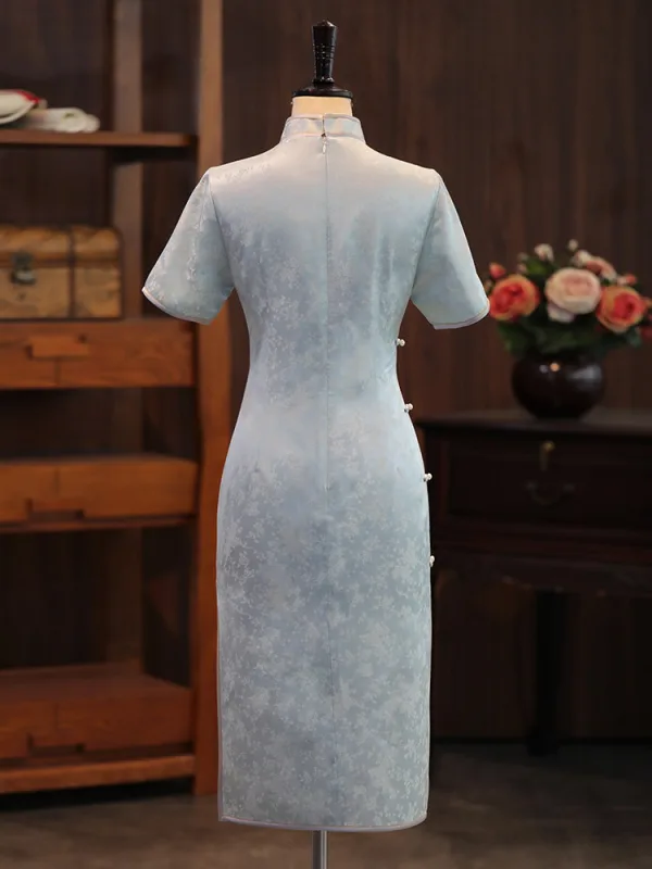 Vintage / Originale Bleu Ciel Perle Impression Fendue devant Cheongsam 2026 Trompette / Sirène Col Haut Manches Courtes Thé Longueur
