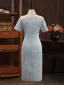 Vintage / Originale Bleu Ciel Perle Impression Fendue devant Cheongsam 2026 Trompette / Sirène Col Haut Manches Courtes Thé Longueur