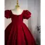 Chic / Belle Bordeaux Anniversaire Robe Ceremonie Fille 2022 Robe Boule Encolure Carrée Gonflée Manches Courtes Dos Nu Noeud Perle Longue Robe Ceremonie Fille