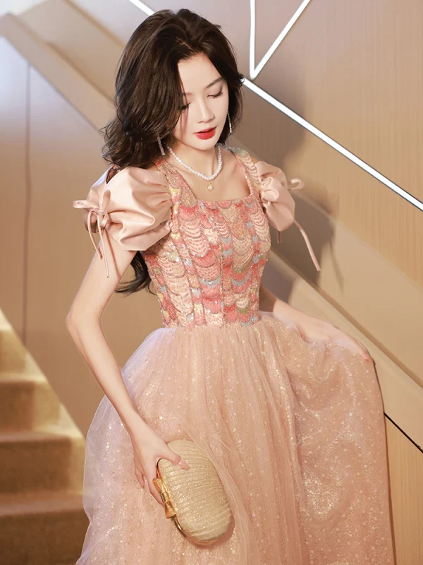 Fashion Pearl Pink Sequins Evening Dresses A-Line / Princess 2023 Square Neckline Bow Short Sleeve Backless Floor-Length / Long Evening Party Formal Dresses