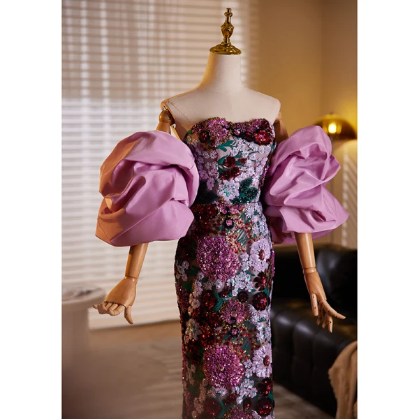 Fantaisie Lilas Paillettes En Dentelle Fleur Robe De Soirée 2024 Trompette / Sirène Bustier Gonflée Manches Courtes Dos Nu Longue Soirée Robe De Ceremonie