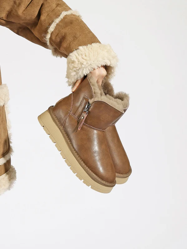 Wygodna Brązowy Zużycie ulicy Zima Snow Boots 2024 Skórzany Okrągłe Toe Buty Damskie