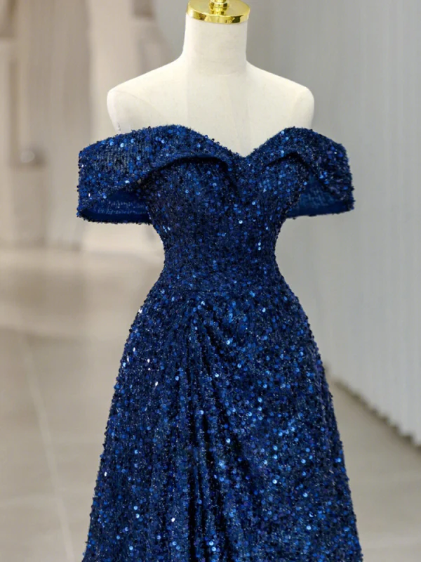 Charmant Bleu Roi Paillettes Robe De Soirée 2023 Princesse De l'épaule Sans Manches Dos Nu Longue Soirée Robe De Ceremonie