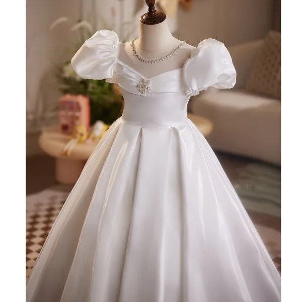 Chic / Beautiful White Satin Wedding Flower Girl Dresses 2026 Ball Gown Scoop Neck Puffy Short Sleeve Backless Floor-Length / Long