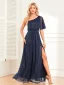 Schöne Marineblau Glanz Gespaltete Front Ballkleider 2024 A Linie One-Shoulder Seitlicher Reißverschluss Kurze Ärmel Rückenfreies Lange Ball Festliche Kleider