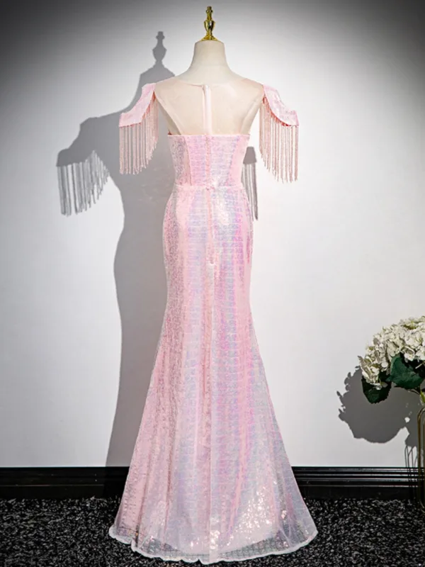 Sparkly Blushing Pink Sequins Beading Tassel Evening Dresses 2024 Trumpet / Mermaid Scoop Neck Short Sleeve Floor-Length / Long Evening Party Formal Dresses