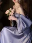 Illusion Lavender Sequins Rhinestone Satin Prom Dresses 2024 A-Line / Princess Off-The-Shoulder Short Sleeve Backless Bow Floor-Length / Long Prom Formal Dresses