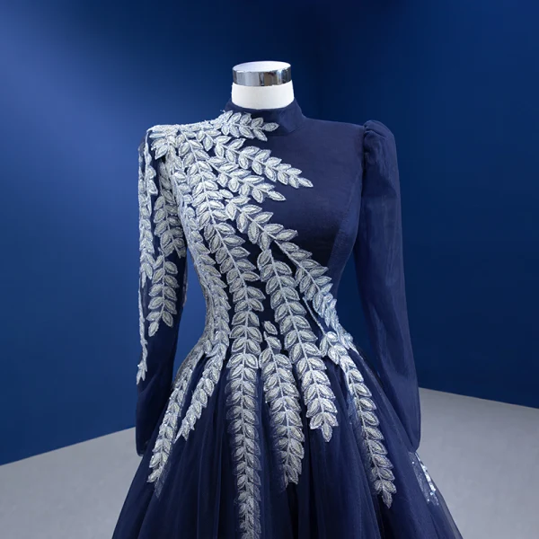 Vintage / Retro Navy Blue Lace Flower Prom Dresses 2022 A-Line / Princess High Neck Long Sleeve Floor-Length / Long Formal Dresses