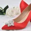 Élégant Rouge Perle Faux Diamant Satin Chaussure De Mariée 2022 Mariage 8 cm Talons Épais À Bout Pointu Escarpins Talons Hauts