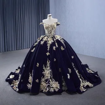 Vintage Originale Haut De Gamme Bleu Marine Perle En Dentelle Fleur Robe De Bal 2023 Robe Boule De L Épaule Sans Manches Dos Nu Train De Balayage Promo Robe De Ceremonie