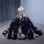 Vintage / Retro High-end Navy Blue Pearl Lace Flower Prom Dresses 2023 Ball Gown Off-The-Shoulder Sleeveless Backless Sweep Train Prom Formal Dresses