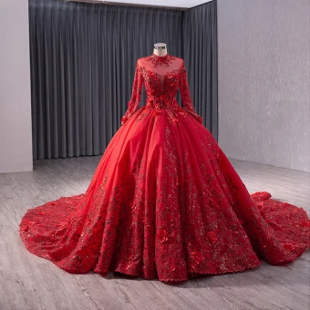 High End Red Handmade Beading Pearl Sequins Appliques Prom Dresses 2024 Ball Gown High Neck Long Sleeve Backless Chapel Train Prom Formal Dresses