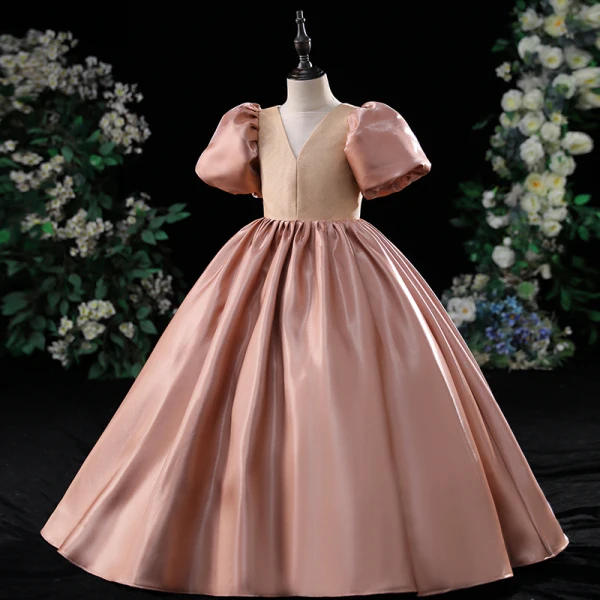 Chic / Beautiful Blushing Pink Satin Flower Girl Dresses 2022 Ball Gown V-Neck Puffy Short Sleeve Backless Floor-Length / Long Prom Flower Girl Dresses