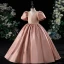 Chic / Beautiful Blushing Pink Satin Flower Girl Dresses 2022 Ball Gown V-Neck Puffy Short Sleeve Backless Floor-Length / Long Prom Flower Girl Dresses