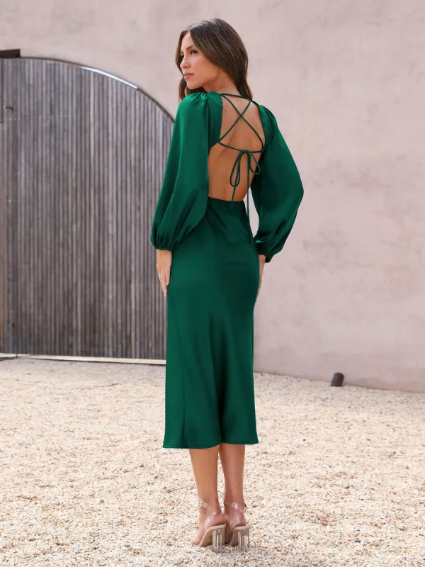 Sexy Dark Green Holiday Beach Satin Women Dresses 2023 Deep V-Neck Long Sleeve Backless Lace Up Tea-length Womens Clothing