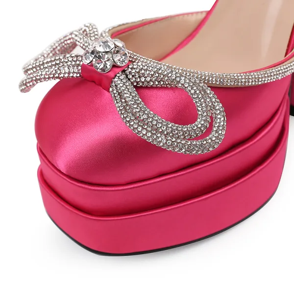 Inhabituel Bleu Ciel Cocktail Satin Sandales Femme 2022 Bride Cheville Faux Diamant Noeud 14 cm Talons Épais Pied Carré Sandales Talons Hauts