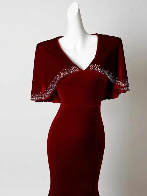 Chic / Beautiful Burgundy Velvet Sequins Prom Dresses 2026 Zipper Up Sweep Train V-Neck Formal Dresses Prom Short Sleeve Trumpet / Mermaid