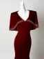Chic / Beautiful Burgundy Velvet Sequins Prom Dresses 2026 Zipper Up Sweep Train V-Neck Formal Dresses Prom Short Sleeve Trumpet / Mermaid