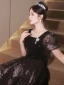 Chic / Beautiful Black Beading Pearl Sequins Evening Dresses 2023 A-Line / Princess Square Neckline Short Sleeve Backless Floor-Length / Long Evening Party Formal Dresses