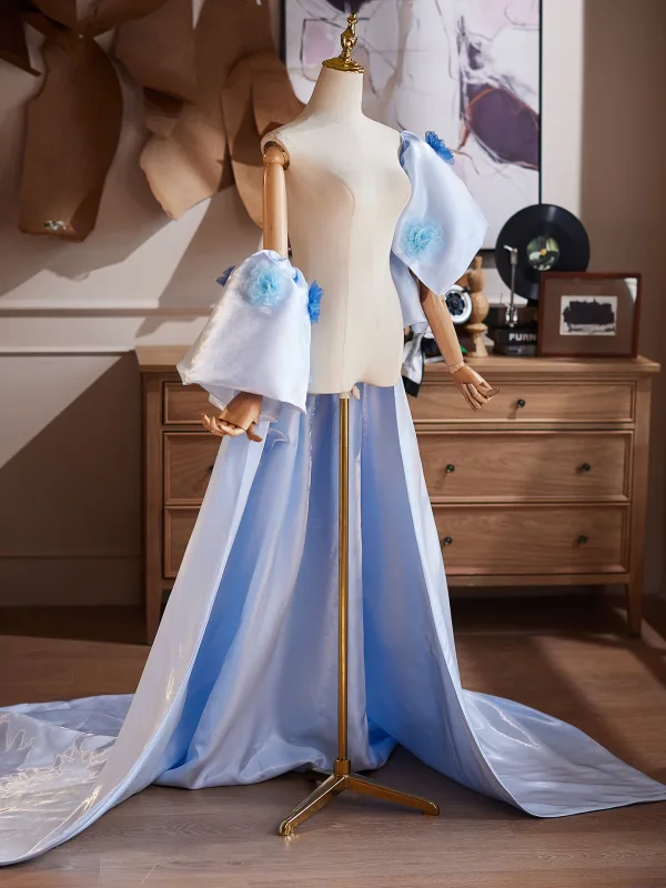 Chic / Belle Bleu Ciel Fait main Appliques Satin Gonflée Manches Courtes Promo Châles 2026