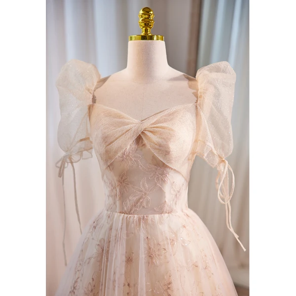 Chic / Beautiful Champagne Sequins Prom Dresses Square Neckline 2023 A-Line / Princess Puffy Short Sleeve Backless Floor-Length / Long Prom Formal Dresses