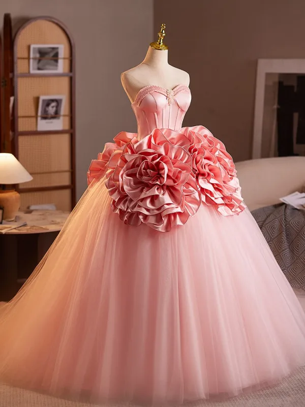 Lovely Candy Pink Beading Pearl Ruffle Flower Prom Dresses 2025 Ball Gown Strapless Sleeveless Backless Floor-Length / Long Prom Formal Dresses