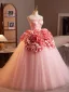 Lovely Candy Pink Beading Pearl Ruffle Flower Prom Dresses 2025 Ball Gown Strapless Sleeveless Backless Floor-Length / Long Prom Formal Dresses