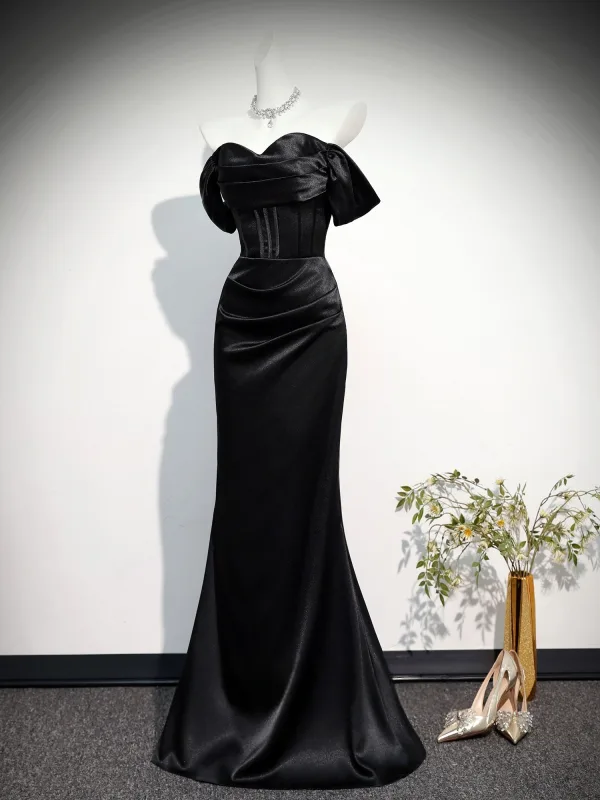 Chic / Beautiful Black Evening Dresses 2026 Trumpet / Mermaid Off-The-Shoulder Short Sleeve Backless Floor-Length / Long Formal Dresses