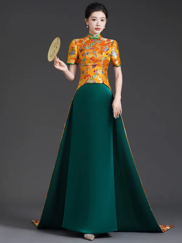 Chinese style Gold Embroidered Cheongsam Qipao Evening Dresses 2025 Trumpet Mermaid High