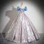 Elegant Sky Blue Printing Prom Dresses Formal Dresses 2024 Ball Gown Square Neckline Bow Puffy Short Sleeve Backless Prom Floor-Length / Long