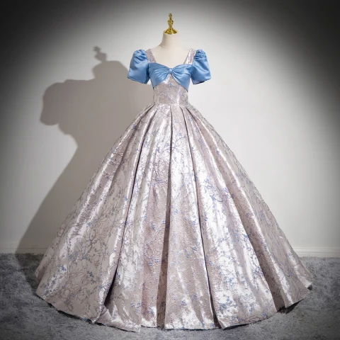 Elegantes Azul Cielo Impresión Vestidos de gala Vestidos Formales 2024 Ball Gown Escote Cuadrado Bowknot Hinchado Manga Corta Sin Espalda Gala Largos