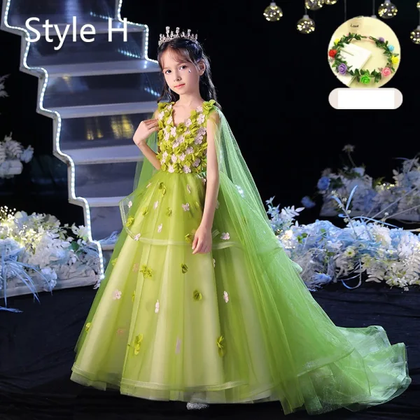 Flower Fairy Sage Green Appliques Birthday Flower Girl Dresses 2024 Ball Gown V-Neck Bell sleeves Floor-Length / Long