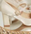 Elegant Beige Satin Pearl Rhinestone Wedding Shoes 2024 7 cm Thick Heels Pointed Toe Wedding Pumps High Heels