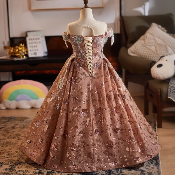Charming Tan Beading Pearl Sequins Birthday Flower Girl Dresses 2025 Ball Gown Scoop Neck Sleeveless Floor-Length / Long