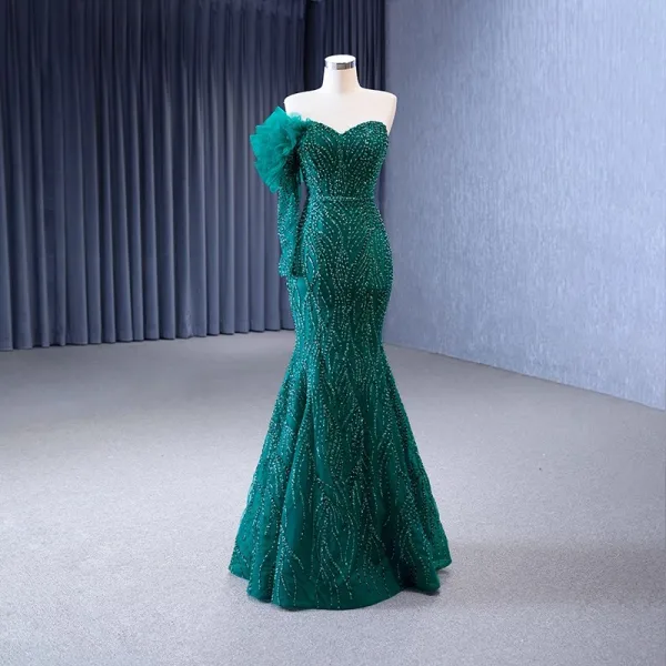 High-end Dark Green Handmade  Beading Evening Dresses 2023 Trumpet / Mermaid Strapless Sleeveless Backless Sweep Train Evening Party Formal Dresses