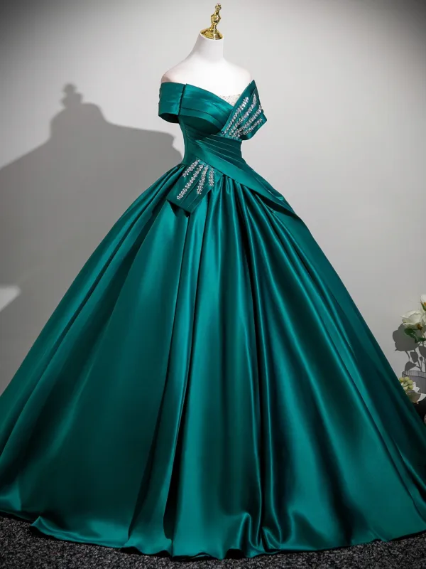 Vintage / Retro Olive Green Beading Sequins Prom Dresses 2025 Ball Gown Off-The-Shoulder Short Sleeve Backless Floor-Length / Long Formal Dresses