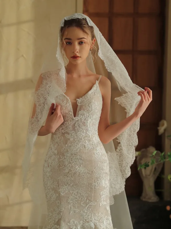 Elegant Vintage Hvit Blonder Blomst Brudeslør 2025 Tyll