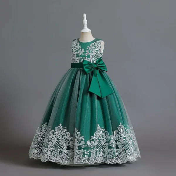 Elegant Burgundy Birthday Lace Flower Flower Girl Dresses 2023 A-Line / Princess Scoop Neck Sleeveless Bow Sash Floor-Length / Long Flower Girl Dresses