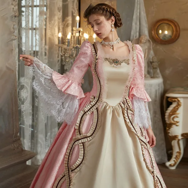 Medieval Vintage / Retro Candy Pink Rhinestone Lace Flower Prom Dresses 2024 Ball Gown Square Neckline Bell sleeves Floor-Length / Long Prom Formal Dresses