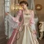Medieval Vintage / Retro Candy Pink Rhinestone Lace Flower Prom Dresses 2024 Ball Gown Square Neckline Bell sleeves Floor-Length / Long Prom Formal Dresses