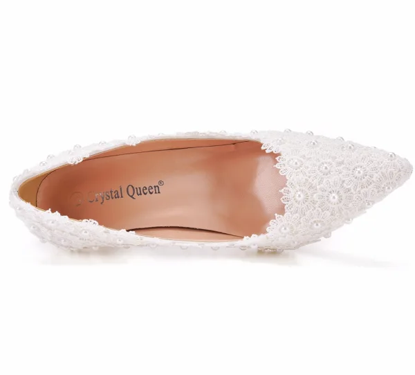 Chic / Beautiful White Pearl Lace Flower Wedding Shoes 2022 7 cm Stiletto Heels Pointed Toe Wedding Pumps High Heels