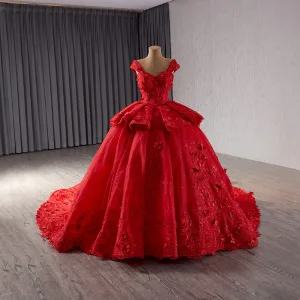 Vintage High End Rød Blonder Blomst Appliques Ballkjoler 2024 Ballkjole V Hals Uten Ermer Ryggløse Domstol Tog Ball Formelle Kjoler