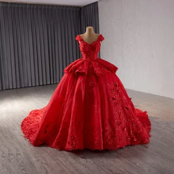 Vintage Originale Haut De Gamme Rouge En Dentelle Fleur Appliques Robe De Bal 2024 Robe Boule V Cou Sans Manches Dos Nu Tribunal Train Promo Robe De Ceremonie