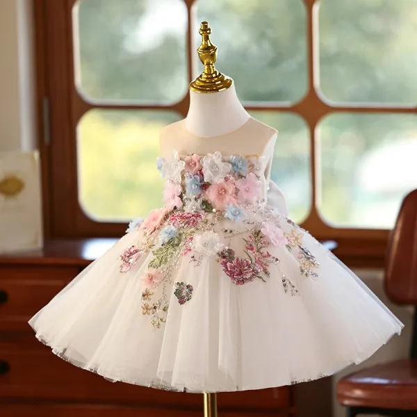 Flower Fairy White Pearl Appliques Sequins Short Birthday Flower Girl Dresses 2025 Ball Gown Scoop Neck Sleeveless Flower Girl Dresses